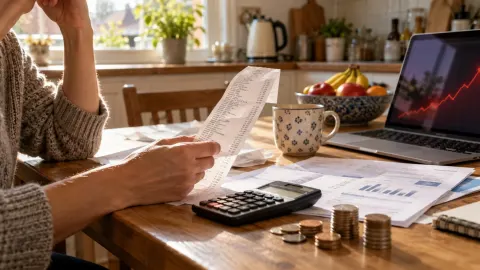 Editorial illustration of a household comparing bills, receipts and rising costs at a kitchen table