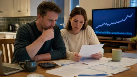 Couple reviewing household bills and mortgage paperwork beside a screen showing a rising market line.