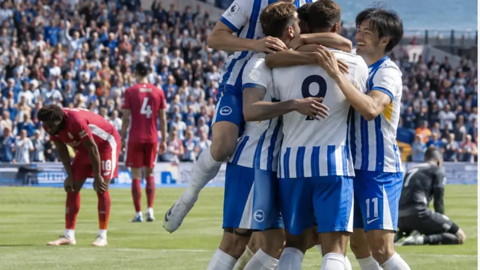 Editorial illustration of anonymous blue-and-white footballers celebrating against dejected red opponents