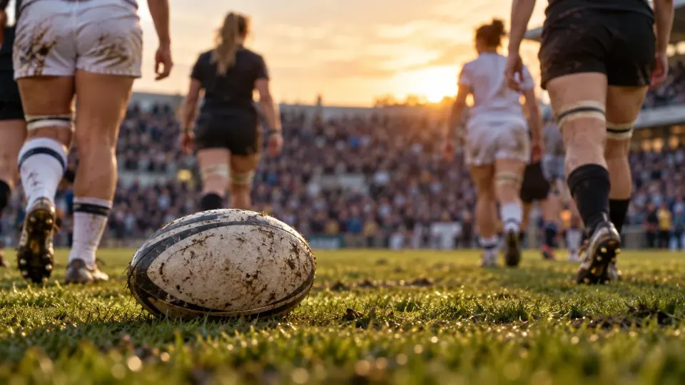 Editorial illustration of a rugby ball on the turf after a women’s international match