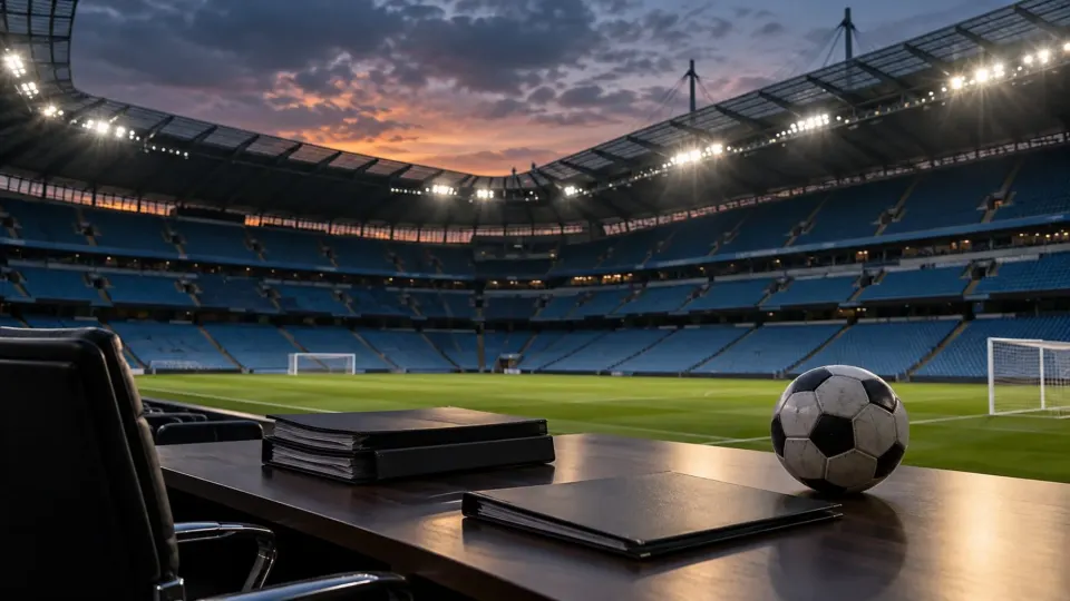 Editorial illustration of an empty blue-seated football stadium with closed case files in the foreground