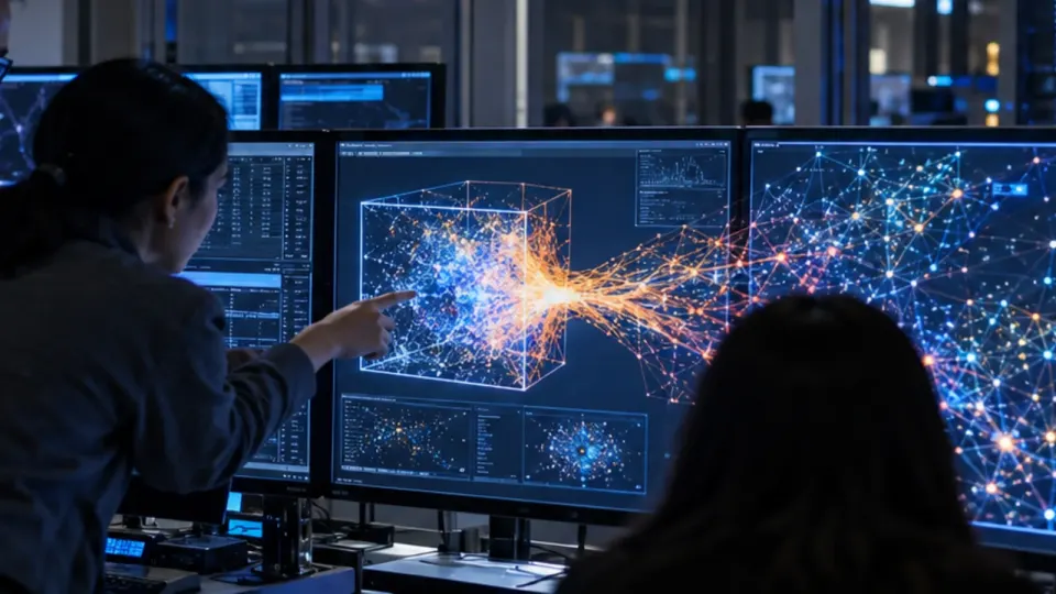 Editorial illustration of a cybersecurity operations room containing an AI risk display