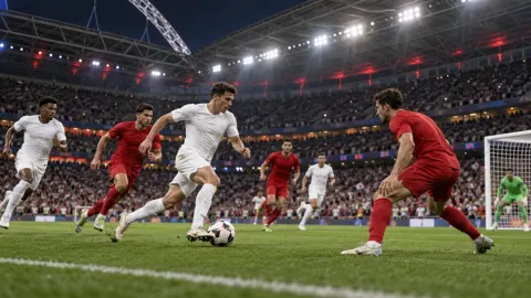 Editorial illustration of anonymous footballers in plain red and white kits during a night match