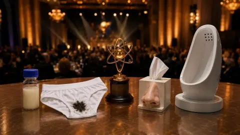 A playful science awards stage displaying a milk vial, cotton underwear, a model nose and laboratory equipment