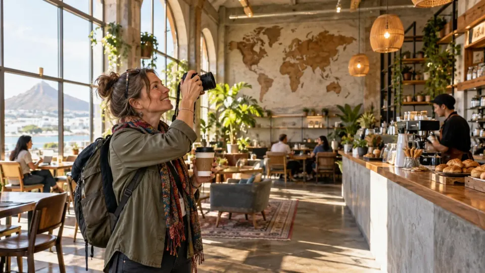 Editorial illustration of a world traveller documenting another generic coffee-shop visit