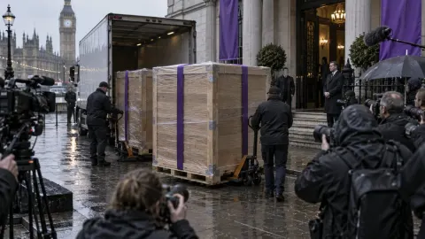 Editorial illustration of two enormous sealed donation consignments arriving outside a Westminster political headquarters