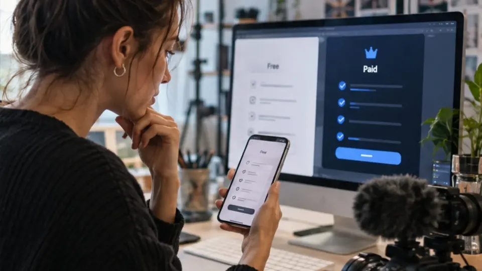 Editorial illustration of a creator comparing free and paid social-media tools on a phone and desktop screen