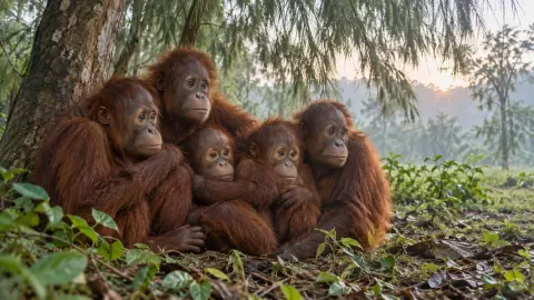 Editorial illustration of five young orangutans huddled beneath trees in a forest clearing