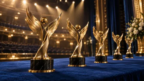 Editorial illustration of golden television awards on a dramatic blue carpet beneath bright theatre lights