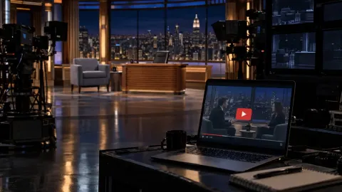 Editorial illustration of a late-night television desk facing a YouTube screen and an FCC document