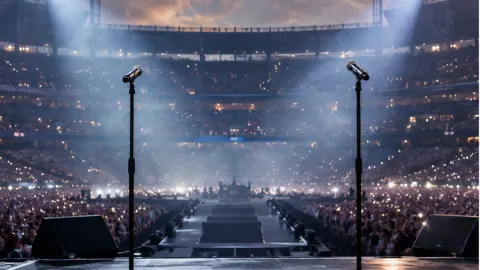 Editorial illustration of two empty headline microphones on a large American stadium concert stage