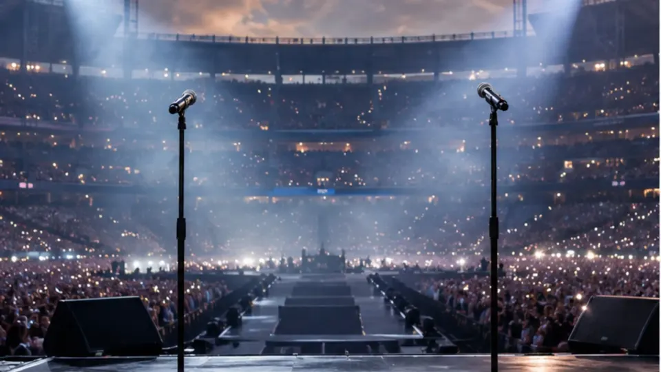 Editorial illustration of two empty headline microphones on a large American stadium concert stage