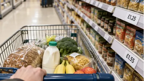 Editorial illustration of a British supermarket trolley beside rising price labels in a bright grocery aisle