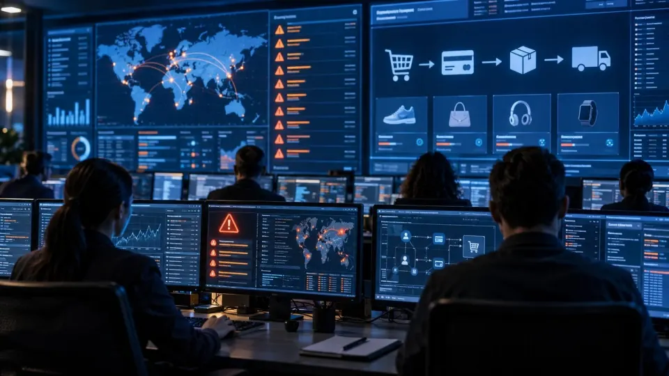 Editorial illustration of bank security analysts monitoring AI-commerce transaction alerts