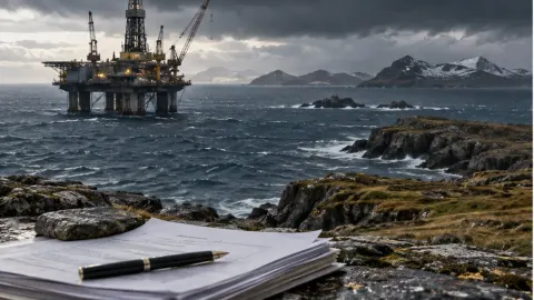 Editorial illustration of an offshore oil platform near windswept South Atlantic islands under opposing legal documents