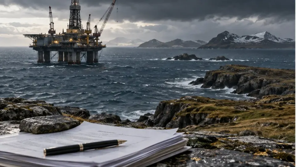 Editorial illustration of an offshore oil platform near windswept South Atlantic islands under opposing legal documents
