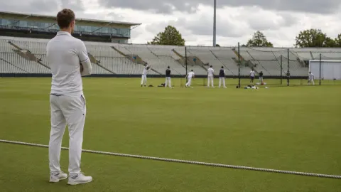 Cricketer watching from beyond the boundary while an England-style Test squad trains on the field.