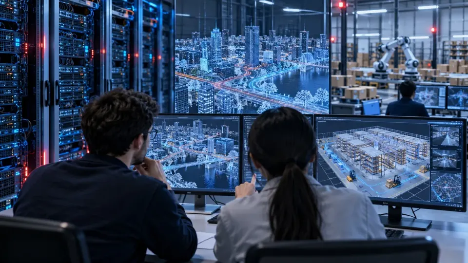 Editorial illustration of AI servers and spatial models used to simulate a city and warehouse
