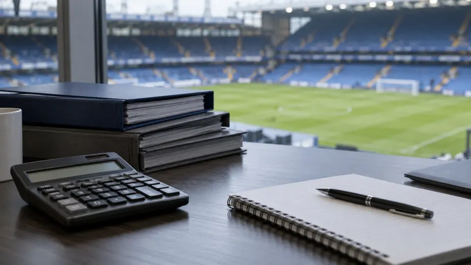 Editorial illustration of football finance paperwork, a calculator and a blurred stadium