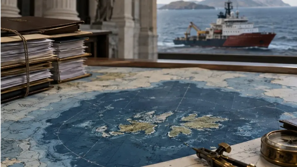 Editorial illustration of a South Atlantic map, courthouse papers and an exploration vessel near the Falkland Islands