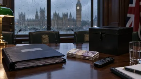 A ballot box, evidence folder, recorder and pound notes on a desk overlooking Westminster