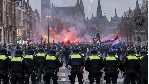 Editorial illustration of Dutch riot police facing a smoky protest in central The Hague