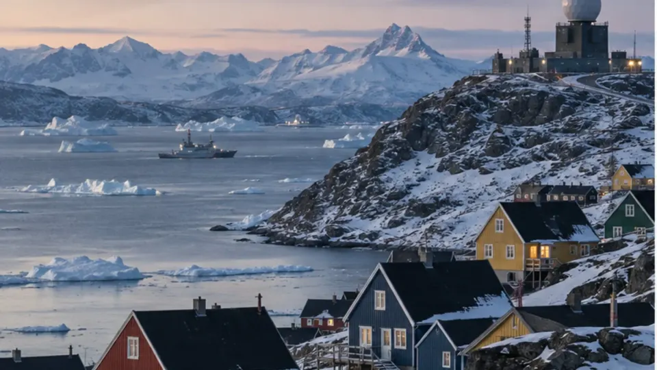 Editorial illustration of Greenland’s icy coast, homes, radar station and a distant military aircraft