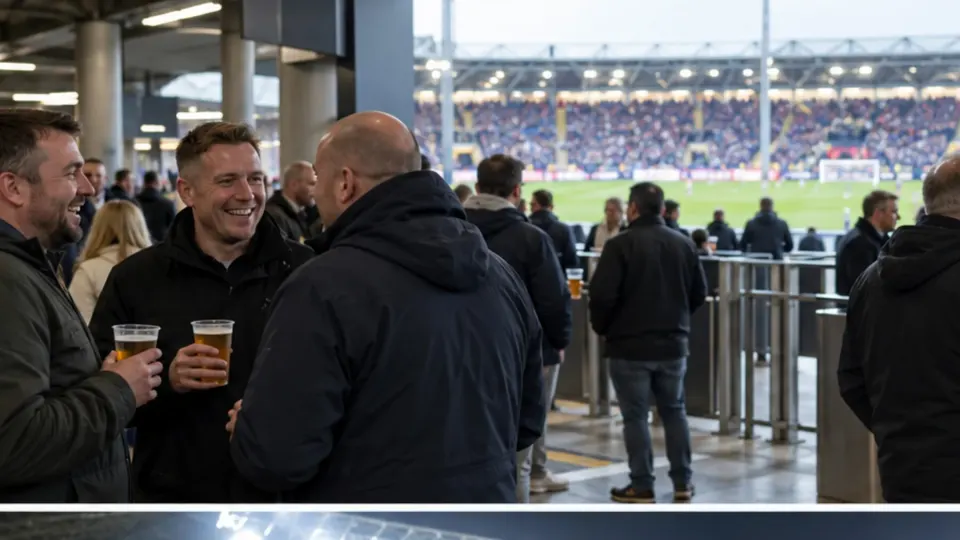 Editorial illustration of football supporters holding drinks in a modern English stadium concourse