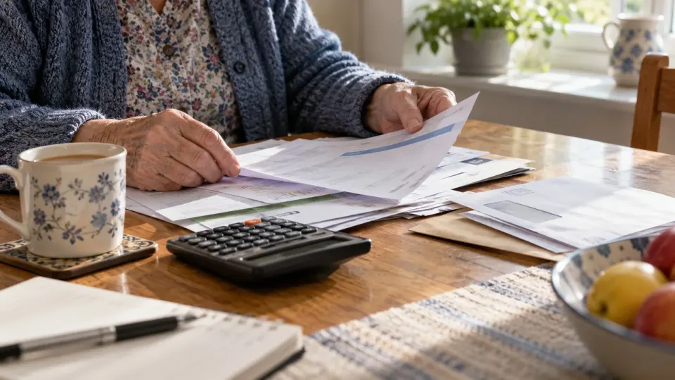 Editorial illustration of pension paperwork, household bills and a calculator on a kitchen table