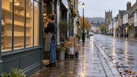 Editorial illustration of a quiet British high street and a shop preparing for deliveries