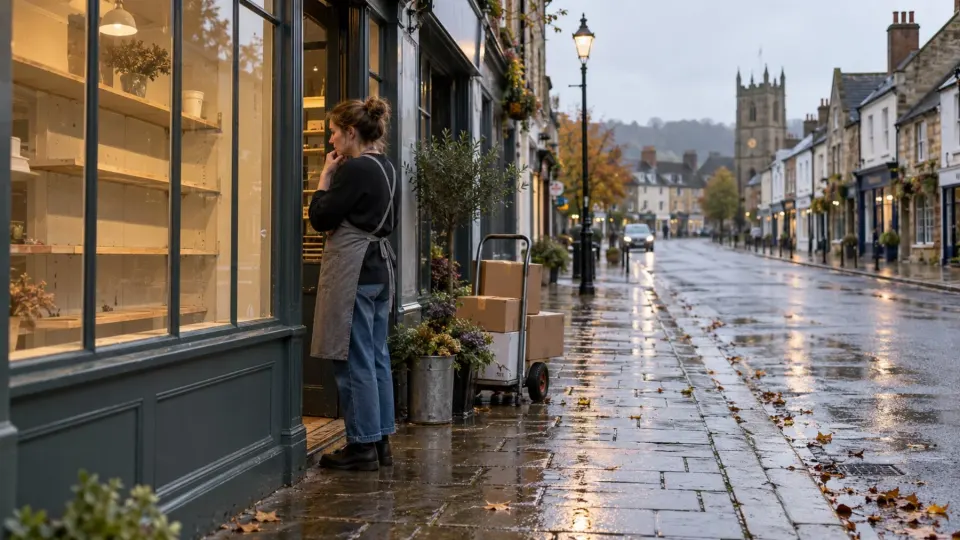 Editorial illustration of a quiet British high street and a shop preparing for deliveries