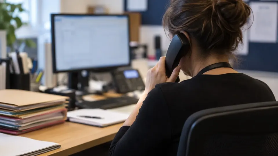 Editorial illustration of a victim liaison officer making a confidential call in a secure office