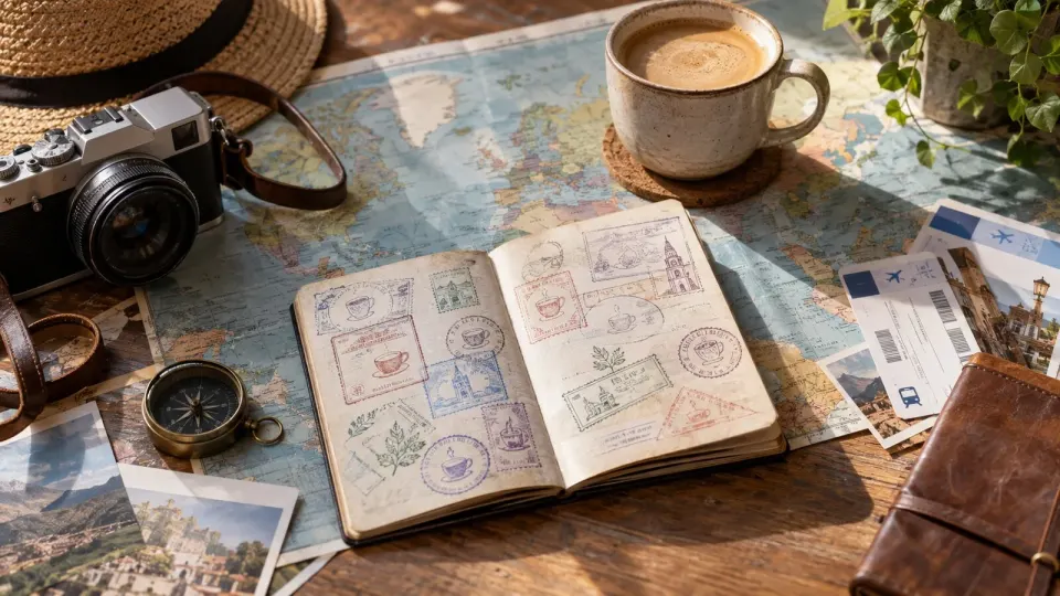 Editorial illustration of a world map, travel notebook, camera, tickets and coffee cup