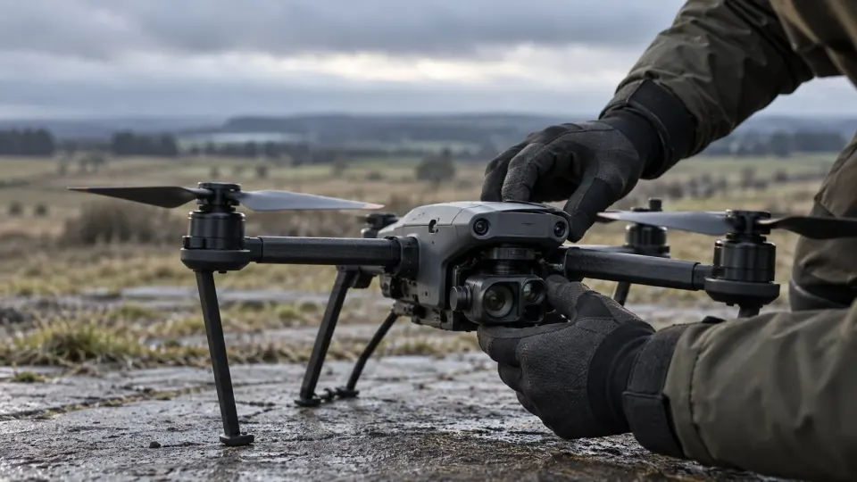 Editorial illustration of a small unarmed drone undergoing sensor testing at an outdoor range
