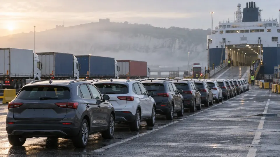 Editorial illustration of new cars and freight trailers waiting at a ferry terminal
