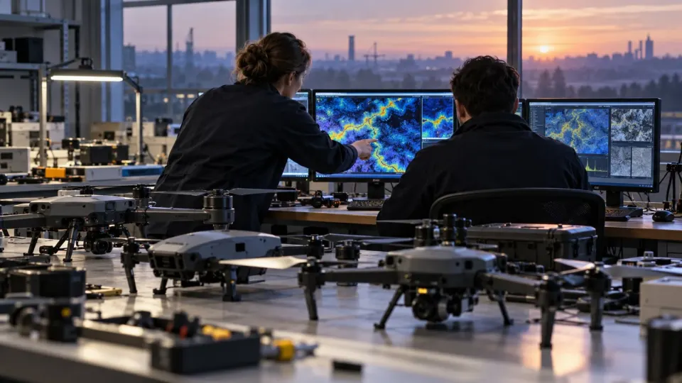 Editorial illustration of British engineers examining small drones and abstract sensor imagery in a laboratory
