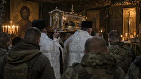 Editorial illustration of an ornate reliquary carried through a solemn military ceremony in occupied Ukraine