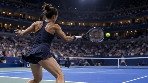 Editorial illustration of a powerful women’s tennis player celebrating under the lights at the US Open