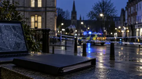A cordoned English town street with a police vehicle and an investigation folder in the foreground