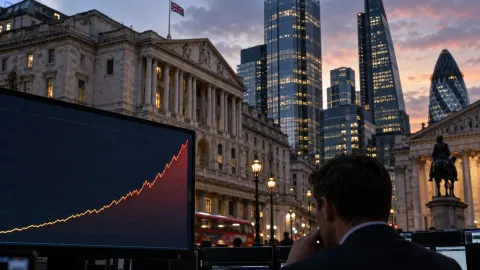 Editorial illustration of a rising UK government bond chart over Westminster and the City of London
