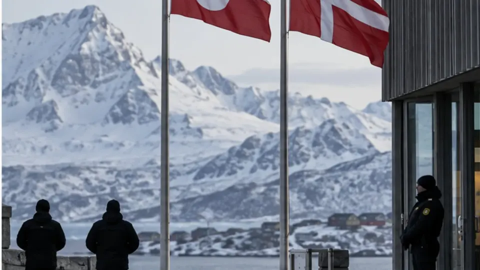 Editorial illustration of Greenlandic and Danish flags outside an Arctic government building