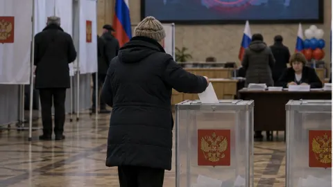 Editorial illustration of an anonymous voter casting a ballot at a Russian parliamentary polling station