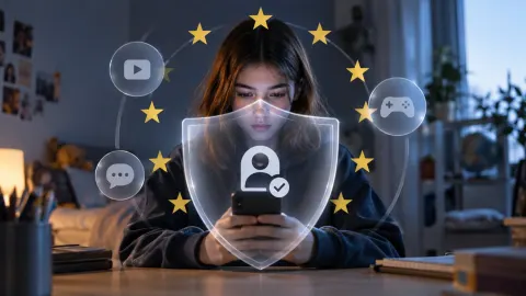 Editorial illustration of a teenager’s smartphone behind a protective age-verification screen surrounded by European stars