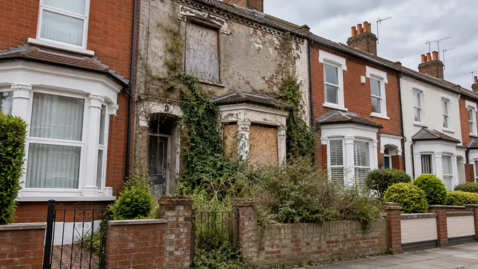 Editorial illustration of a long-empty neglected house between occupied British terraced homes