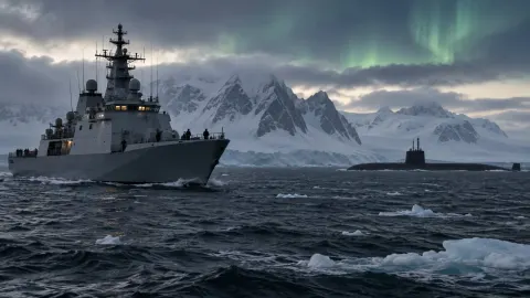 Editorial illustration of a surveillance aircraft and naval vessel monitoring an Arctic undersea cable route