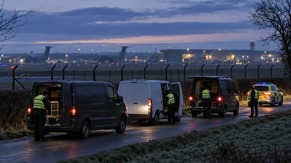 Editorial illustration of police examining vehicles near RAF Fairford at dawn