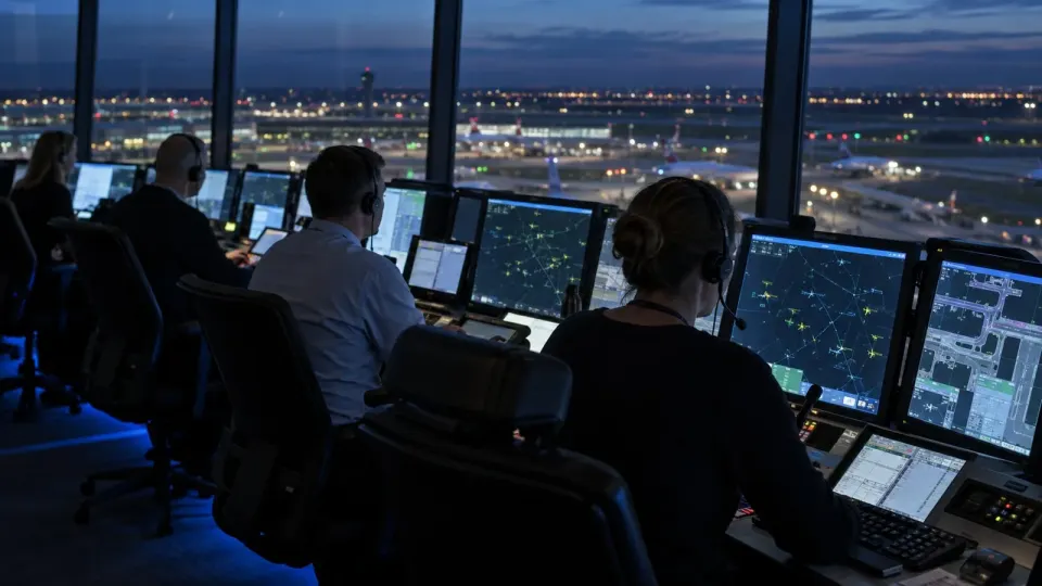 Editorial illustration of air-traffic controllers working at radar consoles