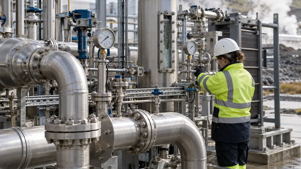 Editorial illustration of an engineer inspecting geothermal brine processing equipment