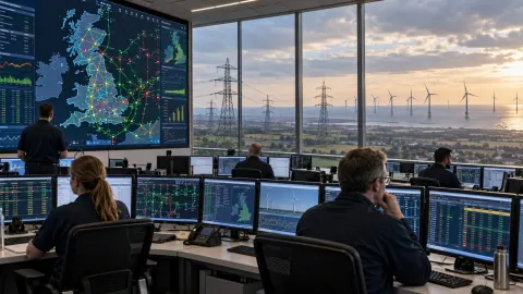 Editorial illustration of engineers in a British electricity-grid control room