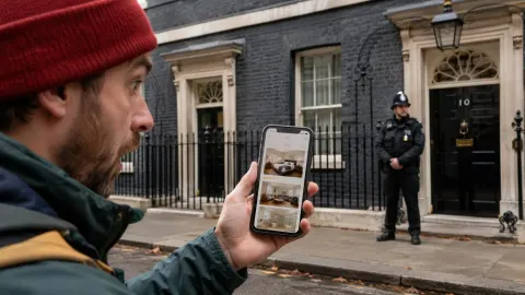 Surprised visitor comparing a holiday-rental listing on a phone with the front door of 10 Downing Street.